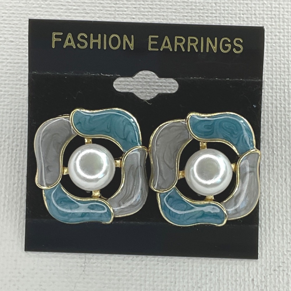 Earrings Enamel and Faux Pearl Teal Grey Gold Tone Push Back Vintage Style New